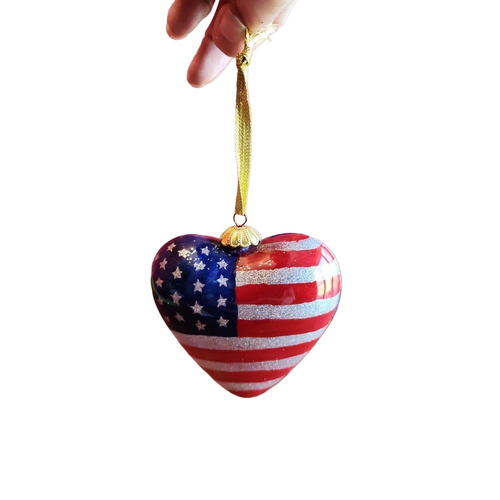 Bill Yee Hand painted US Flag inside heart ornament